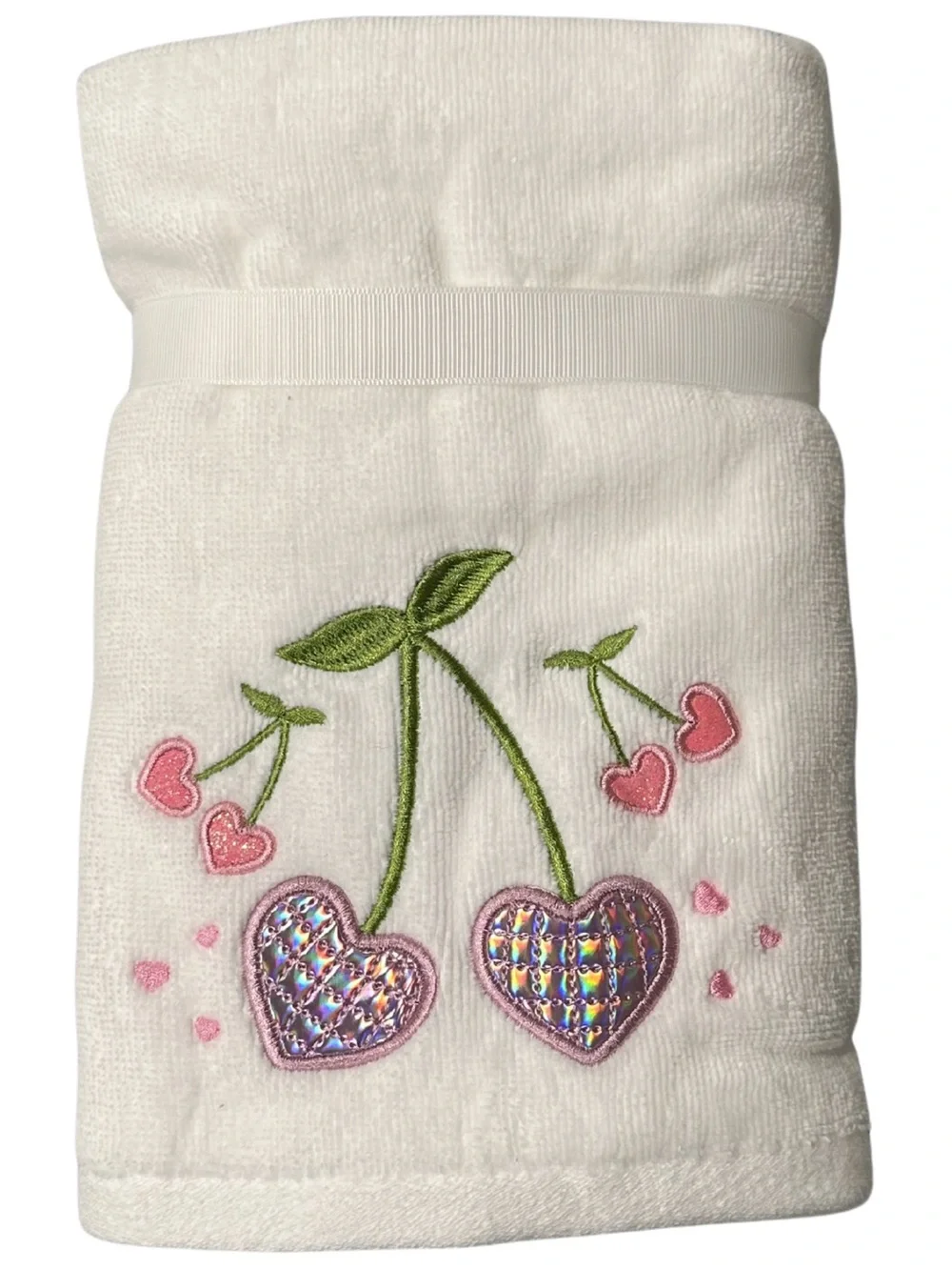 Truly Lou 100% Cotton Disco Ball Pink Heart Cherry Set of 2 Hand Towels NWT